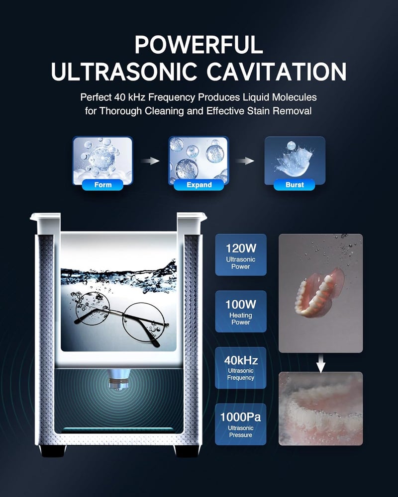 CREWORKS 3L Ultrasonic Cleaner with Degas & Gentle Modes, 120W Stainless Steel Ultrasonic Cleaner Machine with Heater and Timer, Ultrasonic Parts Cleaner with Knob Control for Jewelry Glasses Watch - Image 3